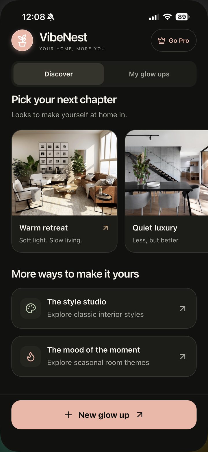VibeNest Discover screen showing Warm retreat and Quiet luxury looks